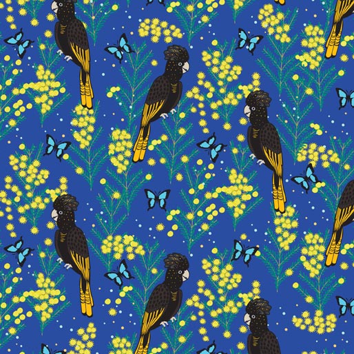 105023 Outback Beauty Black Cockatoo Blue by Amanda Joy Designs 100% cotton