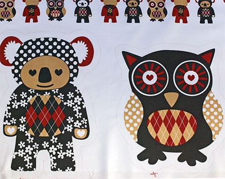 107006 Owl and Koala Softies grey by Saffron Craig 100% cotton