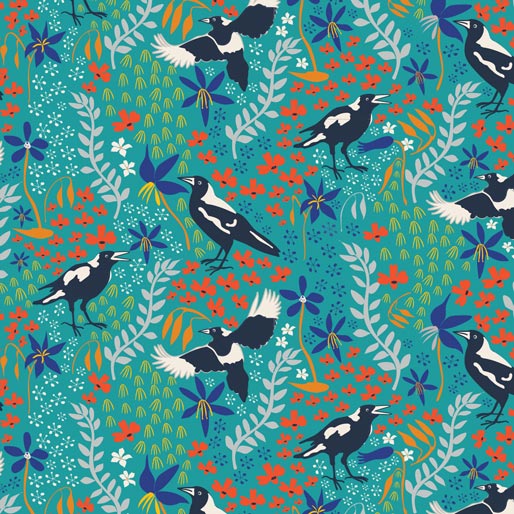 105011 Taking Flight Magpies Teal by Amanda Joy Callaghan 100% cotton