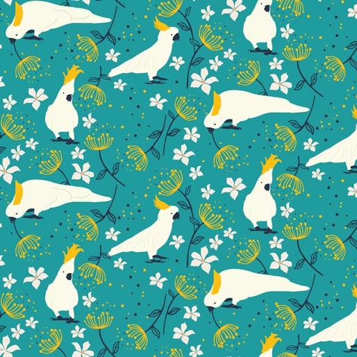 105013 Taking Flight Cockatoo Teal by Amanda Joy Callaghan 100% cotton