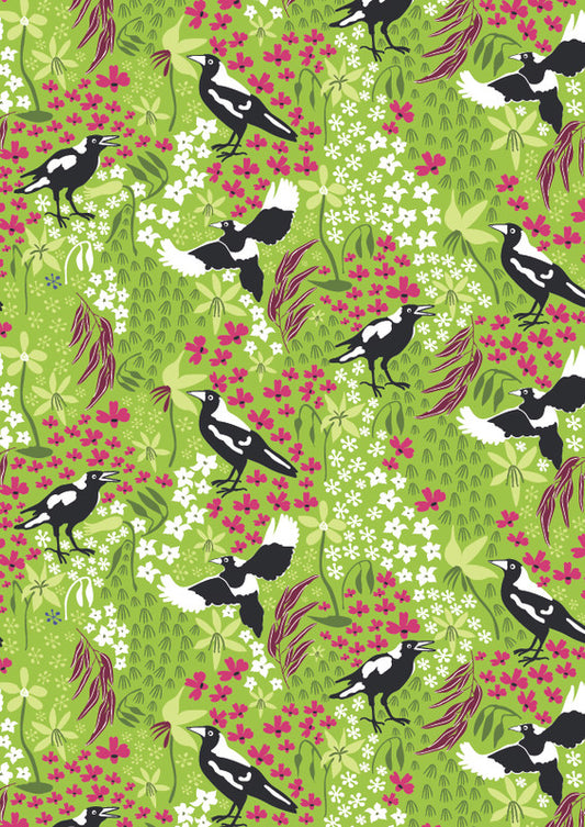 105016 Taking Flight Magpies Green by Amanda Joy Callaghan 100% cotton