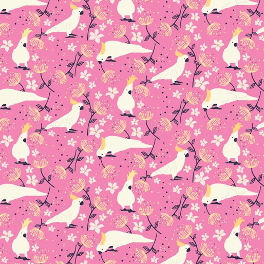 105017 Taking Flight Cockatoo Bright Pink by Amanda Joy Callaghan 100% cotton