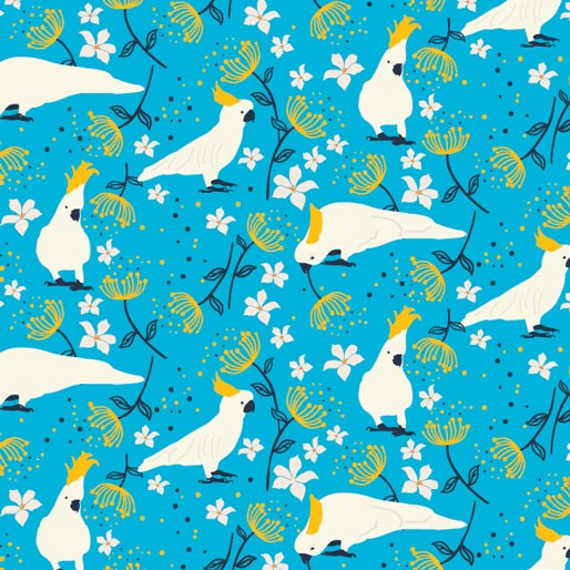 105018 Taking Flight Cockatoo Bright Blue by Amanda Joy Callaghan 100% cotton