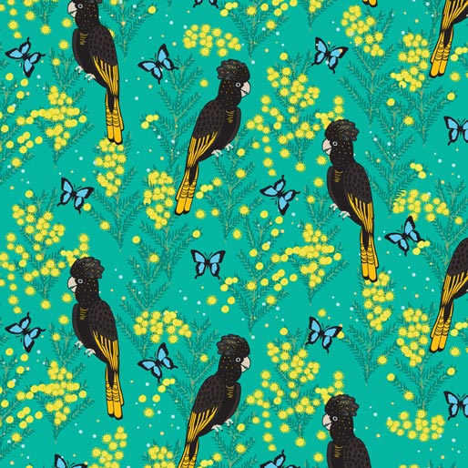 105022 Outback Beauty Black Cockatoo Turquoise by Amanda Joy Callaghan 100% cotton