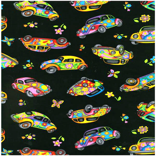 104017 70s Herbie Beetle car on black by Nutex 100% cotton