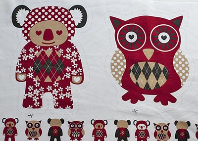 107005 Owl and Koala Softies red by Saffron Craig 100% cotton